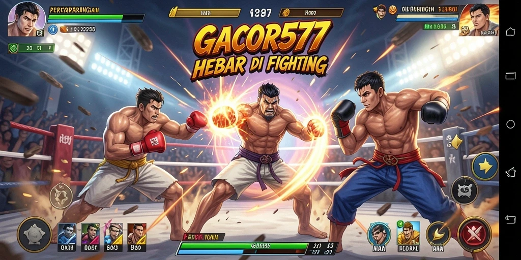 Tangkapan layar gameplay GACOR577 menampilkan pertarungan epik antara karakter yang kuat.