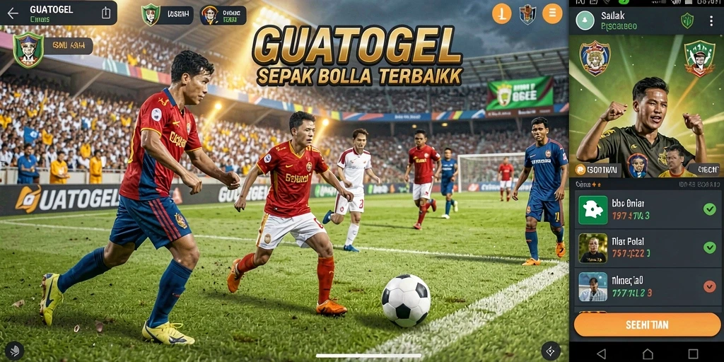 Tampilan gameplay menarik dari GUATOGEL dengan aksi sepak bola penuh semangat.
