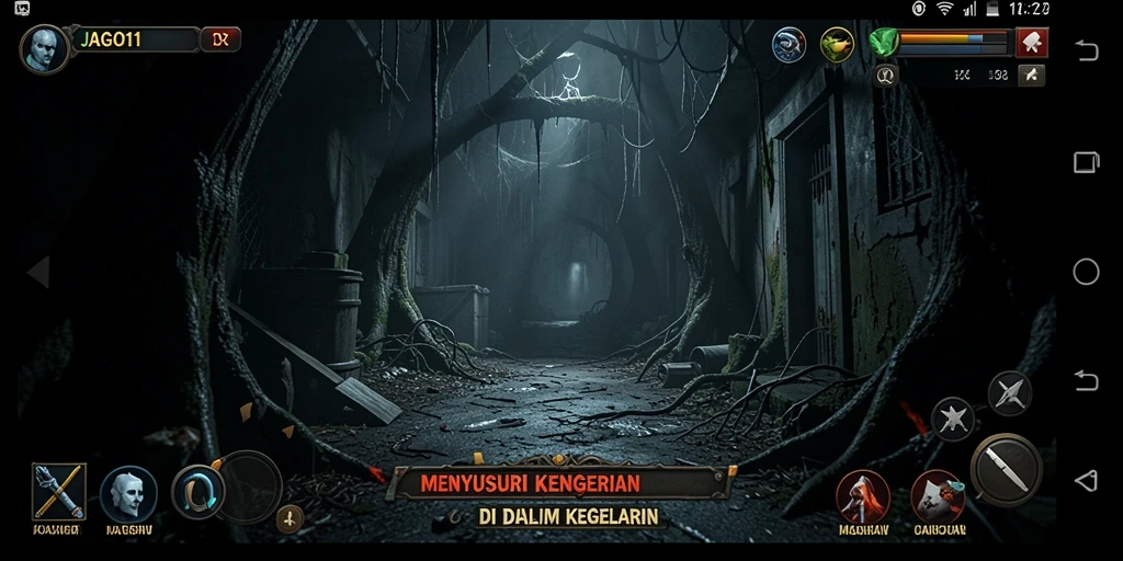 Tampilan gameplay menegangkan di JAGO11 saat mengeksplorasi kegelapan.