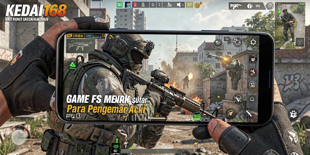 Screenshot utama KEDAI168 menampilkan pertempuran akurat dalam game FPS.