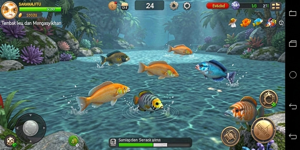 Gameplay seru dalam SARANAJITU dengan berbagai ikan untuk ditembak.